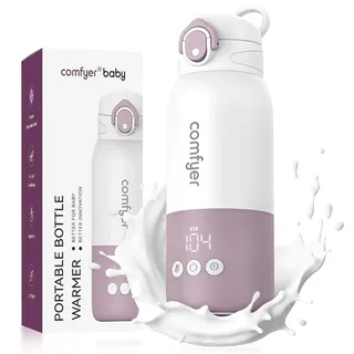 Comfyer Tragbarer Flaschenwärmer unterwegs für Baby,Schnelles Aufheizen und Lange Akku12000mAh, 2 Heizmodi für Muttermilch und Wasser, 340ml Kapazität, für Auto-und Flugzeugreisen (Lila und Weiß)