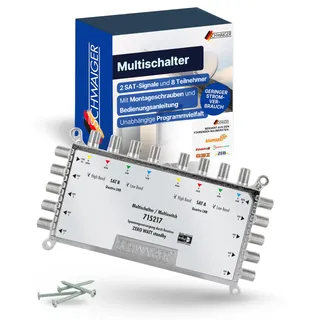 SCHWAIGER 5217 SAT Multischalter 2 auf 8 I SAT-Verteiler für 8 Teilnehmer I 8-Fach Verteiler für 2 Satellitensignale I energieeffizient & zuverlässig I Satelliten-Multiswitch aus Aluminium