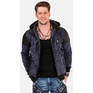 Cipo & Baxx Strickjacke CIPO & BAXX "Strickjacke", Herren, Gr. M, blau (dunkelblau), 100% Polyester, tarnfarben, Basic, regular fit, Rippstrickbündchen, Strickjacken Strickjacke, mit Leder Highlights, CL-310
