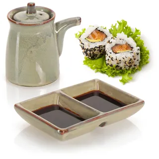 com-four® Sushi Servierset 2-teilig aus Keramik, Sojasauce Schale mit Kanne 180 ml, asiatisches Geschirr für Sushi, Wasabi, Dips und Saucen, grün braun