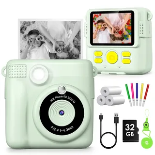 Gofunly Kinderkamera Sofortbildkamera, Sofortbildkamera Kinder 2,4 Zoll Bildschirm 1080P Videokamera Kamera Kinder Sofortdruck mit 32GB Karte & 3 Rollen Druckpapier Geschenk für Kinder 3-12 Jahren