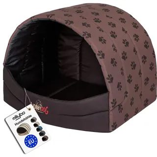 millybo Hundehütte Hundehöhle Hundebett Hundehaus S-XL (R3 (55 x 43 cm), Hellbraun mit Muster (Pfötchen))