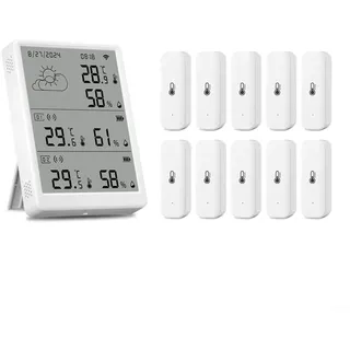 HOHOVYVY WLAN Thermometer Mit App,Für Tuya WiFi RF433 Temperatur Feuchtigkeit Sensor LCD Bildschirm Station 100 M Reichweite(1*Monitoer+10*Sensor)