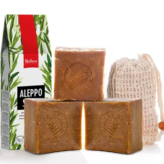 Natura Germania Aleppo Seife 3x je ca. 200 gr (600 gr) 100% Olivenöl + Sisal Seifensäckchen | - Haarseife, Naturseife, Duschseife | Handarbeit + Vegan