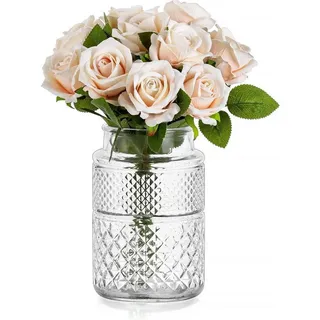 LuxusKollektion Tischvase Vintage Glasvase 20cm Hoch, Zylinder Blumenvase Groß Rund, Hochzeit beige
