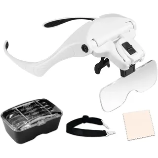 MOACC Lupenbrille mit Licht Hände Frei Kopfband Lupe Standlupe mit 2 LED für Hobby,Denest,Elektriker,Juweliere,Nähen,Handwerk,und ältere Menschen - 5 Wechselobjektive,1.0X,1.5X,2.0X,2.5X,3.5X