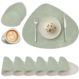 Tischsets Abwaschbar und Untersetzer - Leder Platzsets Rund Doppelseitigen Abwischbar Hitzebeständig Rutschfest Platzdeckchen Lederoptik 6er Set (Grün Elfenbeinweiß)