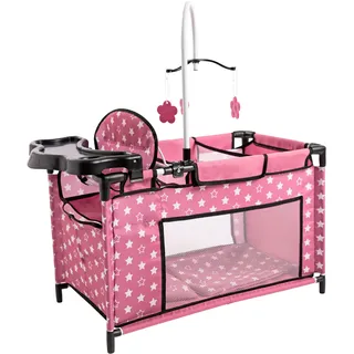 Bayer "Multibett", rosa (sterne altrosa), Puppenmöbel, KinderB:32cm H:72cm T:68cm, Kunststoff, Metall, Stoff, mit integriertem Hochstuhl, Wickelablage und Mobile, B:32cm H:72cm T:68cm