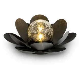 Spetebo LED Solarleuchte LED Solar Lotusblüte schwarz mit Crackleglas Kugel - 24 x 10 cm, Einschaltautomatik, LED fest integriert, warmweiß, Garten Deko Kugelleuchte im Blumen Design schwarz