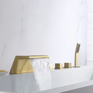 Generisch Badewanne Armatur Badewannenarmatur Wasserfall 5 Loch Wanne mit Dusche Gebürstetes Gold Armatur Badewanne Mischbatterie Wannenarmatur