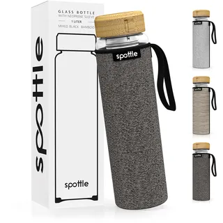 spottle Teeflasche Glas 450 ml & 1 L mit Siebeinsatz – doppelwandige Teekanne to go - Glasflasche mit Teeeinsatz und Schutzhülle für losen Tee & Infused Water – BPA-frei (Schwarz meliert, 1000 ml)