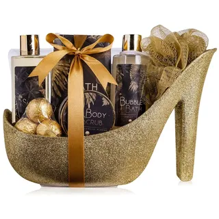 Accentra Luxury Badeset Geschenkset in wunderschönem goldenem Glitzer Pumps 9-teiliges...