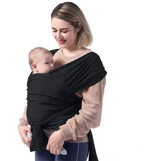 SmartPlayground-BabyCarrier Baby Tragetuch mit Rückenstütze – Atmungsaktive & Verstellbare Babytrage für Neugeborene – Bequemes Tragetuch wie T-Shirt, Einfach Anzulegen (Schwarz)