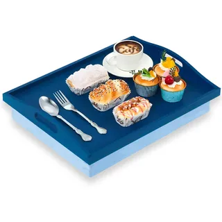 Tioncy 1 Stück Bambus-Schoßtablett mit abnehmbarem Kissen 43 cm x 33 cm Schoß-TV-Tablett Schreibtisch mit Griffen für Erwachsene Essen im Liegestuhl Hauseinweihung Geschenk (Blau)