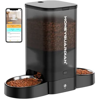 HoneyGuaridan Futterautomat Katze 2 Näpfe mit Bewegungssensor, 2.4G WiFi Intelligenter Katzen Futterautomaten für Fernfütterung, 5L Programmierbar Automatischer Futterspender für Katzen & Hunde