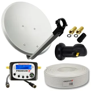 PremiumX Camping Satelliten-Komplettanlage 45cm Satellitenschüssel Single LNB 10m TV Kabel F-Stecker SAT-Signalfinder