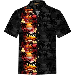 Hawaiihemdshop.de Hawaiihemd Hawaii Hemd Herren Baumwolle Kurzarm Hawaiihemd mit Palmen und Meer schwarz 4XL
