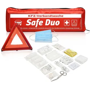 Kombitasche 2in1 Kfz-Verbandstasche Safe Duo rot | Verbandstoffe neueste Norm 13164:2022-02 | Euro Warndreieck | Verbandskasten für Auto