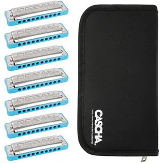 Cascha Ocean Rock Harmonica Pack 7 (C-D-E-F-G-A-Bb), 7 Mundharmonikas mit Tasche, Blau