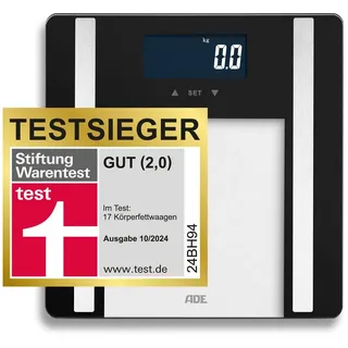 ADE Digitale Körperfettwaage Ines bis 200 kg | Testsieger 2024 | Personenwaage mit Körperfettanalyse, BMI, Muskelmasse, Körperwasser, Gewicht, BMR | Körperwaage mit Benutzererkennung | schwarz