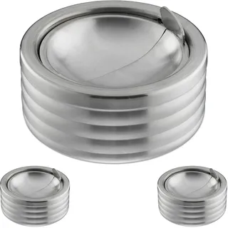 Relaxdays Windaschenbecher, 3er Set, Klappdeckel, draußen & drinnen, Edelstahl, runder Ascher, HxD: 7 x 11,5 cm, Silber