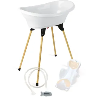 Thermobaby Babybadewannen-Set VASCO 5-in-1 – Badewanne, Holzfuß, Ablaufschlauch, Badeliege, Thermometer – Weiß Candididose – faltbar und stabil – hergestellt in Frankreich