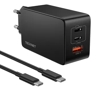 65W USB C GaN Ladegerät,TECKNET 3-Port mit Ladekabel Schnellladegerät PD3.0/QC4.0 mehrfach Netzteil ladestation ladegeraet Power Charger Adapter mit iPhone,ipad,MacBook,Samsung