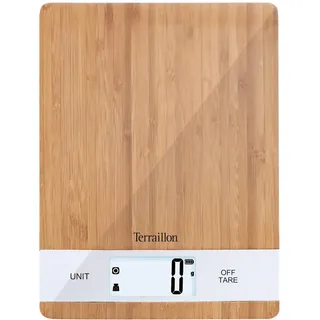 TERRAILLON Bamboo Küchenwaage, USB, wiederaufladbar über USB, automatische Abschaltung – Tara-Funktion und flüssige Umwandlung – Reichweite 5 kg – Bamboo, Bambus