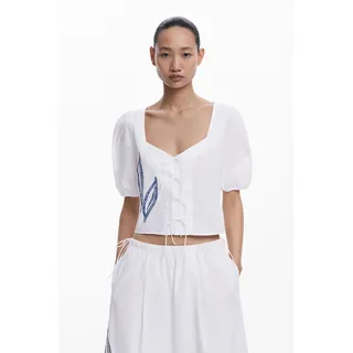 Desigual, Bluse mit Laternenärmeln und Stickereien, Baumwolle, Weiß, XS, WHITE, XS