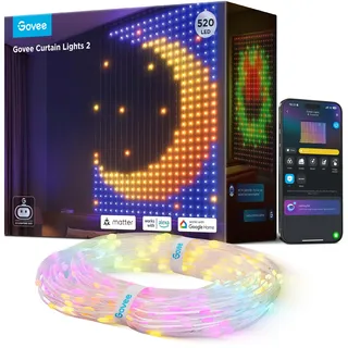 Govee Curtain Lights 2.0, Smart LED Vorhang mit DIY GIF, 520 RGBIC Color Chaning LED Lichterkette, Dynamische Deko, Wasserfest, Kompatibel mit Alexa, Weihnachten Christmas Deko (1,5×2m)