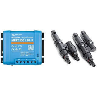 Victron Energy SmartSolar MPPT Laderegler 100/20-48 12V 24V 48V 20A Solarladeregler Bluetooth integriert SCC110020160R & Offgridtec® Y-Stecker - Abzweigbuchsen (Set)