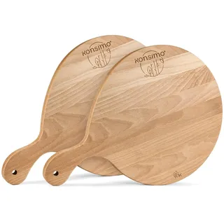 Konsimo Pizzabrett aus Buchenholz 2er Set - Geölt Rund Pizzaschieber aus Holz - Pizzateller mit bequem Griff - Cutting Board - 45x32x2cm - 2 Stück