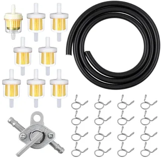 Universal 8 mm Benzinschlauch Set (1 m) mit Inline Kraftstofffilter | inkl Benzinfilter, Schlauchschellen und Kraftstofftankschalter, Kraftstoffleitungs-Schlauch-Set für Auto Motorrad
