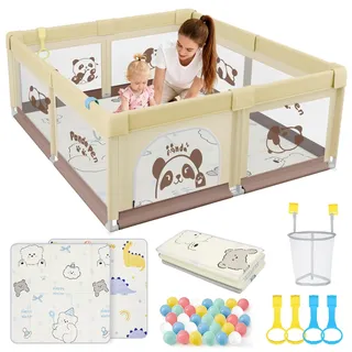 SPYLAVE Laufstall Baby 120x120 mit Matratze, Kleines Laufgitter Baby mit Saugnapfbasis, Atmungsaktivem Netz und 210D Oxford Gewebe, Stabiler & Sicherer Babyspielplatz, Schutzgitter für Kinder, Panda