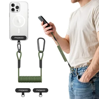 MoKo Phone Lanyard Tether mit Patch, Anti-Diebstahl Handygurt mit Karabiner, Universal Stretchy Tropfschutz Handy Lanyard für Outdoor Wandern Klettern Angeln, passend für meisten Smartphones, Grün