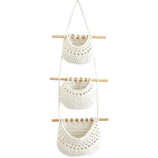 Obstkorb Hängend 3 Etagere Obst Hängekorb, Handgemachter Gewebter Baumwollfaden Geflochten Wandkörbe, Etagen Handgefertigt Korb Hängender Küche Boho Hängekörbe, Gemüse Aufbewahrung Organisation Deko