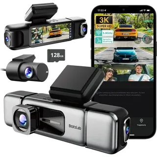 BOTSLAB 4 Kanal Dashcam Auto Vorne Hinten, 4 Channel 3K+3 * 1080P, Autokamera mit 128GB SD Karte, GPS 5GHz WiFi,3.18" IPS-Bildschirm,Super Nachtsicht