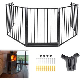 QEENTOE Kaminschutzgitter Metall Ofenschutzgitter Türschutzgitter Baby Kinder Kaminschutzgitter Sicherheitsbarriere Für Kamine und Öfen Inkl.5 Elemente Schwarz 305x 76CM