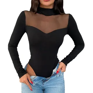 KOEMCY Damen Body Langarm Sexy Mesh Bodysuit Elegant Oberteil Schmal Korsett Tops Overalls Jumpsuit Unterziehbody Blusebody (Schwarz,L) - L