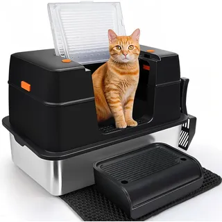 SZEETECH Edelstahl Katzenklo XL, Katzentoilette mit Deckel Groß, Katzenklo mit hohem Rand, Leicht zu Reinigen, Halb/Voll-Geschlossene Edelstahl Katzenklo mit Deckel, 60x40x39,5cm, Schwarz
