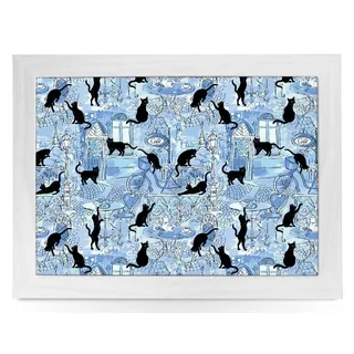 Fabulous Felines Gepolstertes Knietablett mit Katzen-Design, Laptop-Tablett für Bett, TV, Abendessen, Knietabletts zum Essen, mit Kissen, handgefertigter Holzrahmen, Blau