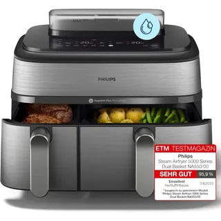 Philips 5000 Series Steam Airfryer Dual Basket NA555/00 Silber/Edelstahl