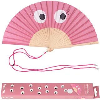 Fisura – Holzfächer mit einzigartigem Design und rosafarbenem Augenmuster. Stilvolles, originelles Accessoire, tragbarer Handventilator mit praktischem Aufhänger. Maße: 42,5 x 23 cm