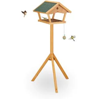 Relaxdays Vogelfutterhaus mit Ständer, groß, wetterfestes Dach, Garten, Holz Vogelhaus HBT 137 x 66 x 59 cm, Natur/grün, 90%, Hellbraun, Dunkelgrün