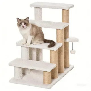BlingBin Kratzbaum Haustiertreppe 4-stufig Tiertreppe Katzentreppe, mit Kratzsäulen Ball Hundetreppe Tiertreppe für Katzen bis 5 kg weiß