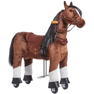 PONNIE Reitpferd mit Rollen Happy S (3-6 Jahre), Spielpferd zum Reiten mit Abnehmbarer Braun Sattel und Halfter mit Zaumzeug, Kämmbare Mähne und Schwanz, Plüschpferd zum Reiten für Kinder