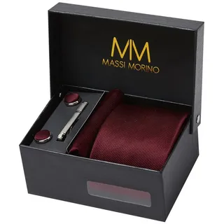MASSI MORINO Krawatte Weinrot mit Einstecktuch Set Herren inkl. Manschettenknöpfe, Krawattennadel und Geschenkbox | Männer Krawattenset zur Hochzeit - Einheitsgröße