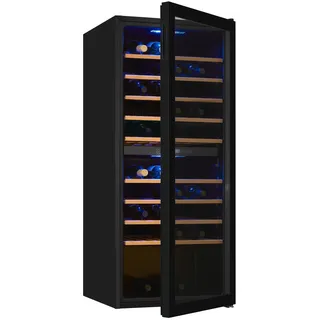 Exquisit Weinkühlschrank 2 Zonen, Platz für 114 Flaschen, 220 Liter, Umluftventilator, 9 Holzablagen, Temperaturanzeige, WS2-114-GTE-160G schwarz