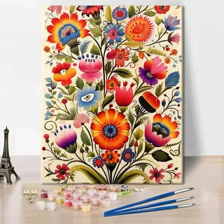 TISHIRON Polnische Volkskunst-Mal-nach-Zahlen-Set für Erwachsene Blumenstrauß an einer Wand Malen nach Zahlen mit Pinseln und Pigmenten, Kunsthandwerk DIY-Ölgemälde, 40x50 CM