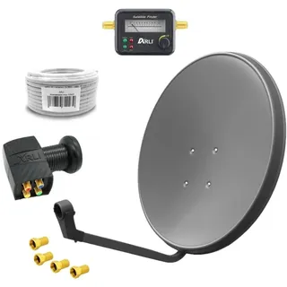 ARLI 60 cm HD Sat Anlage grau + Quad LNB + 15m Kabel + Satfinder + 4x F-Stecker vergoldet - Grau